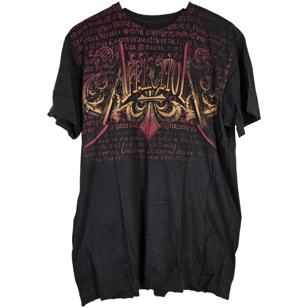 Affliction T-Shirt Mens Large Black Graphic Skull‎ Wings Text Short Sleeve